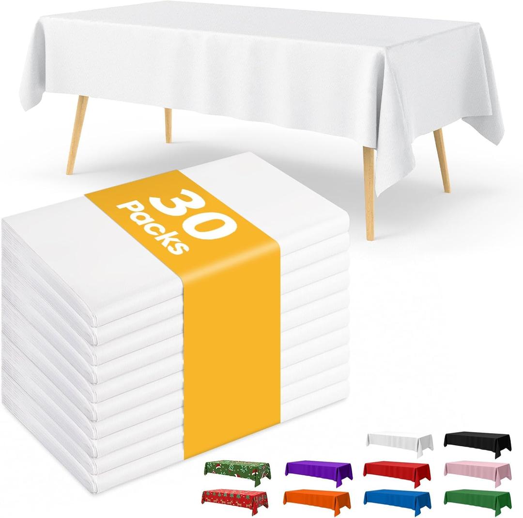 White Plastic Table Cloth - 30 Pack 54"  108" Rectangle Disposable Tablecloths for 6FT Tables, Waterproof Table Cover for Party, Holiday & Gathering Use