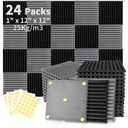 Focusound 24 Pack Black Grey Acoustic Foam Panels 1" x 12" x 12" Sound Proof Foam Panles Soundproofing Noise Cancelling Wedge Panels for Home Office Recoding Studio with 240PCS Double-Side Adhesive