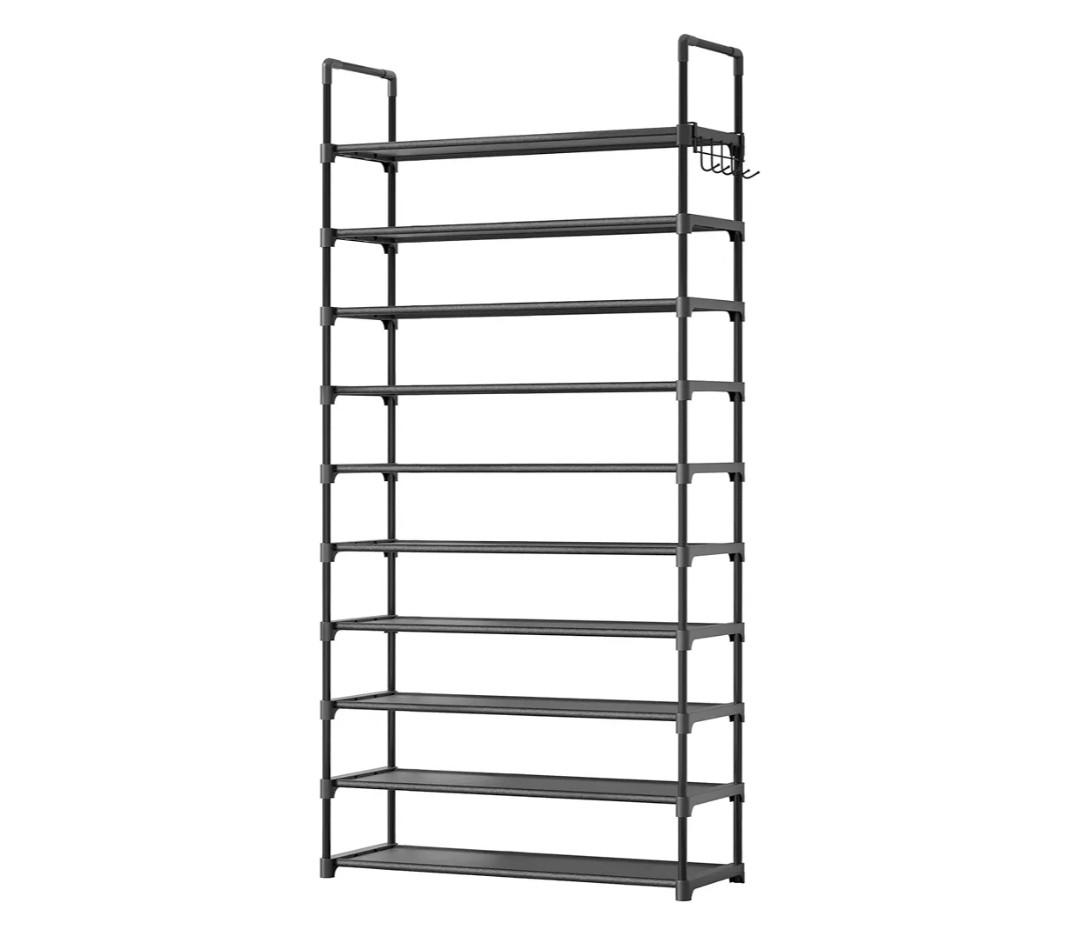 Kitsure Shoe Rack for Closet - 10-Tier Shoe Organizer with Hook Rack, Large-Capacity & Space-Saving Shoe Shelf for Entryway, Bedroom, Living Room,32.2" x 11.8" x 68.5", Black