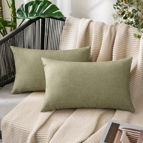 MIULEE Pack of 2 Decorative Outdoor Solid Waterproof Throw Pillow Covers Faux Linen Garden Farmhouse Cushion Cases for Patio Tent Balcony Couch Sofa 20x12 Inch Light Olive Green