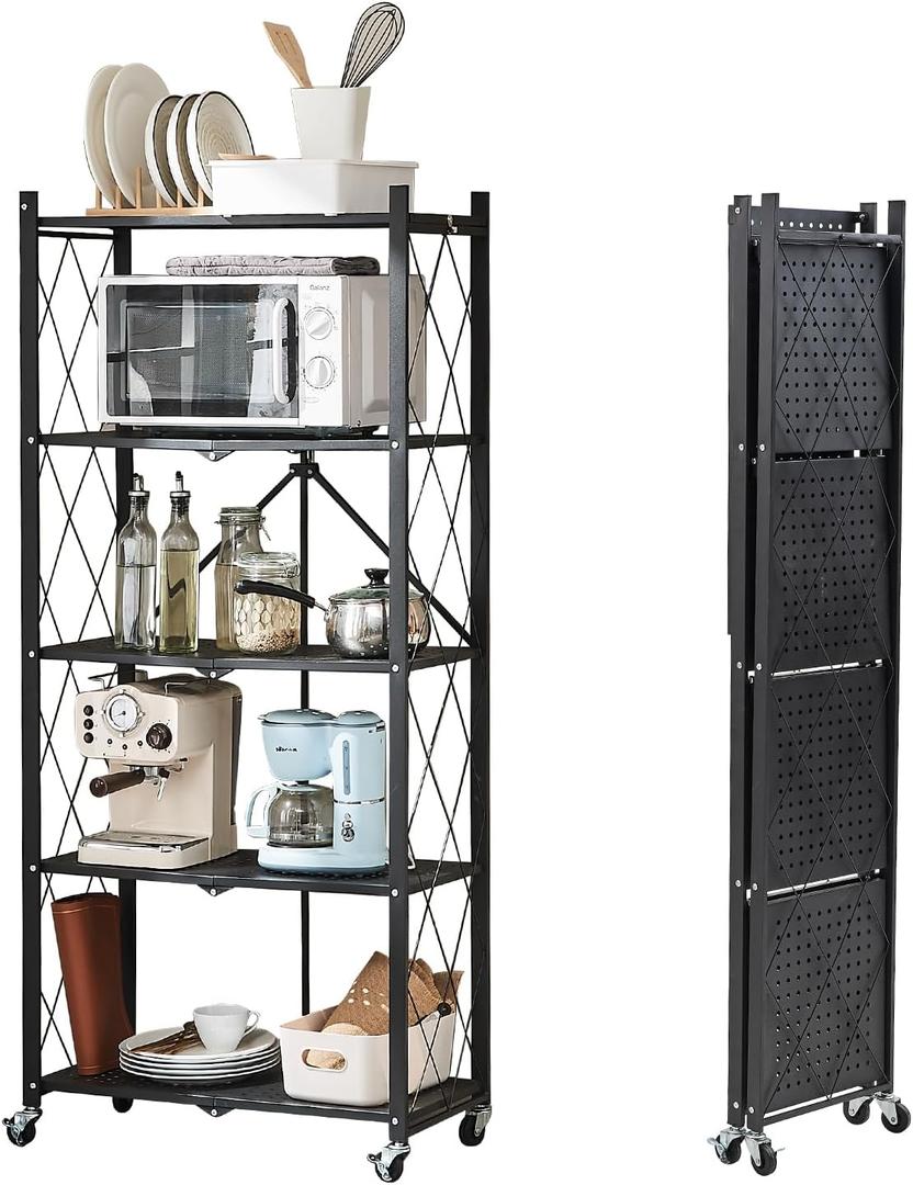 BRIAN & DANY 5-Tier Foldable Storage Shelves with Wheels, Folding Metal Rack Shelving Unit, Heavy Duty No Assembly Organizer Shelf for Garage, Kitchen, Basement, Pantry, Black
