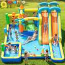 Bounce House, Inflatable Dual Water Slide, 10 in 1 Inflatable Bounce House for Kids Backyard Water Park with 750W Blower, Climbing Wall, Water Gun, Sprinkler, Outdoor Bouncy Castle Slide