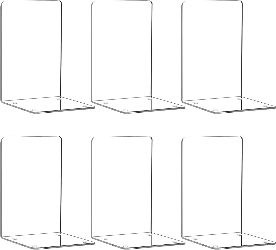 HappyHapi Book Ends, Acrylic Bookends, Clear Book Holders for Shelves, Book Organizer with 24 Pcs Silicone Non-Slip Mats for Library Office School (5 * 5 * 7.3 inch 3mm Thickness 3 Pairs/ 6 Pcs)