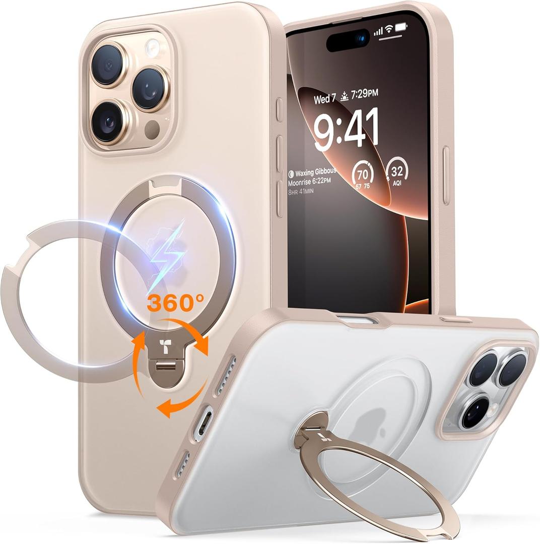 TORRAS Upgraded 360Spin Magnetic Stand for iPhone 16 Pro Case Desert Titanium, Fit for MagSafe, Mil-Grade Protection, Translucent Ring Holder Slim Case for iPhone 16 Pro, Ostand Spin, Rose Gold 6.3" (16 Pro Case, 6.3'')