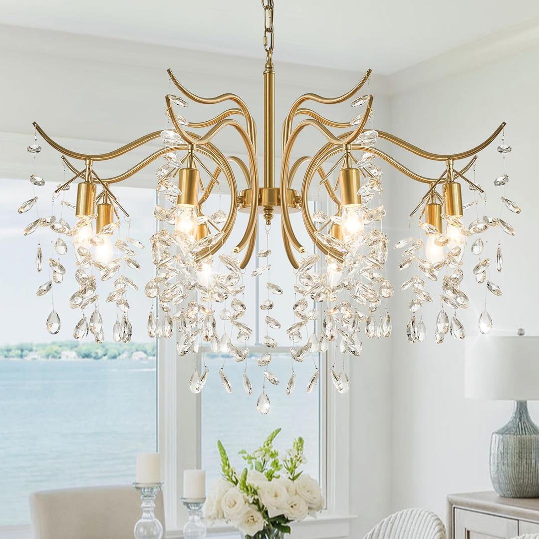 Modern Branch Crystal Chandelier 31.49in Gold Chandelier Light Fixture 8-Light Raindrop Hanging Pendant Light for Living Room Dining Room Bedroom