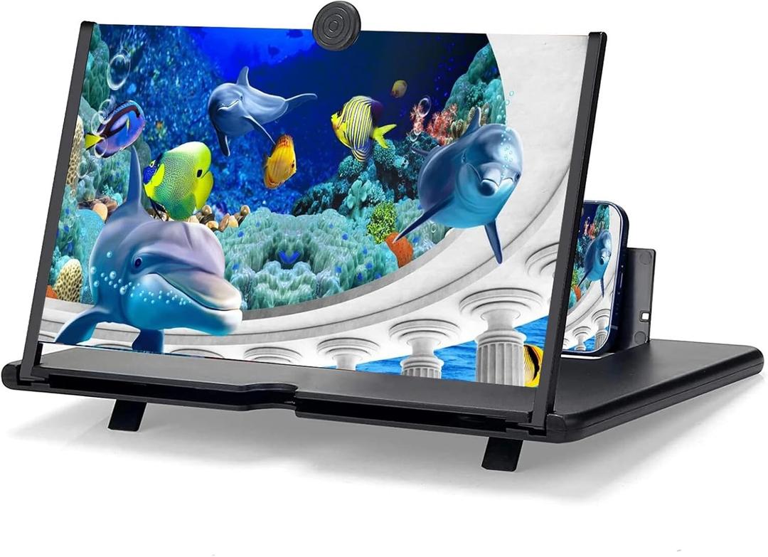 12" Mobile Phone Magnifier Projector Screen, 3D HD Screen Magnifier for Cell Phone, Foldable Magnifying Projector Screen Stand for Movies, Videos & Gaming Compatible with All Phones (Black, 12inch)