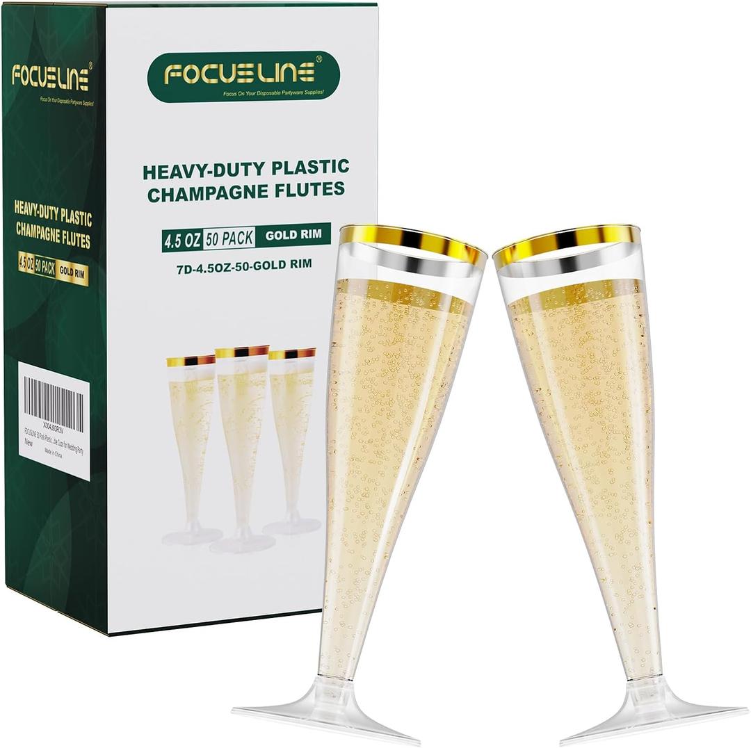 FOCUSLINE 50 Pack Plastic Champagne Flutes, 4.5 Oz Gold Rim Disposable Champagne Glasses, Cocktails, Mimosas, Disposable Clear Toasting Glasses, Perfect for Parties and Any Celebrations