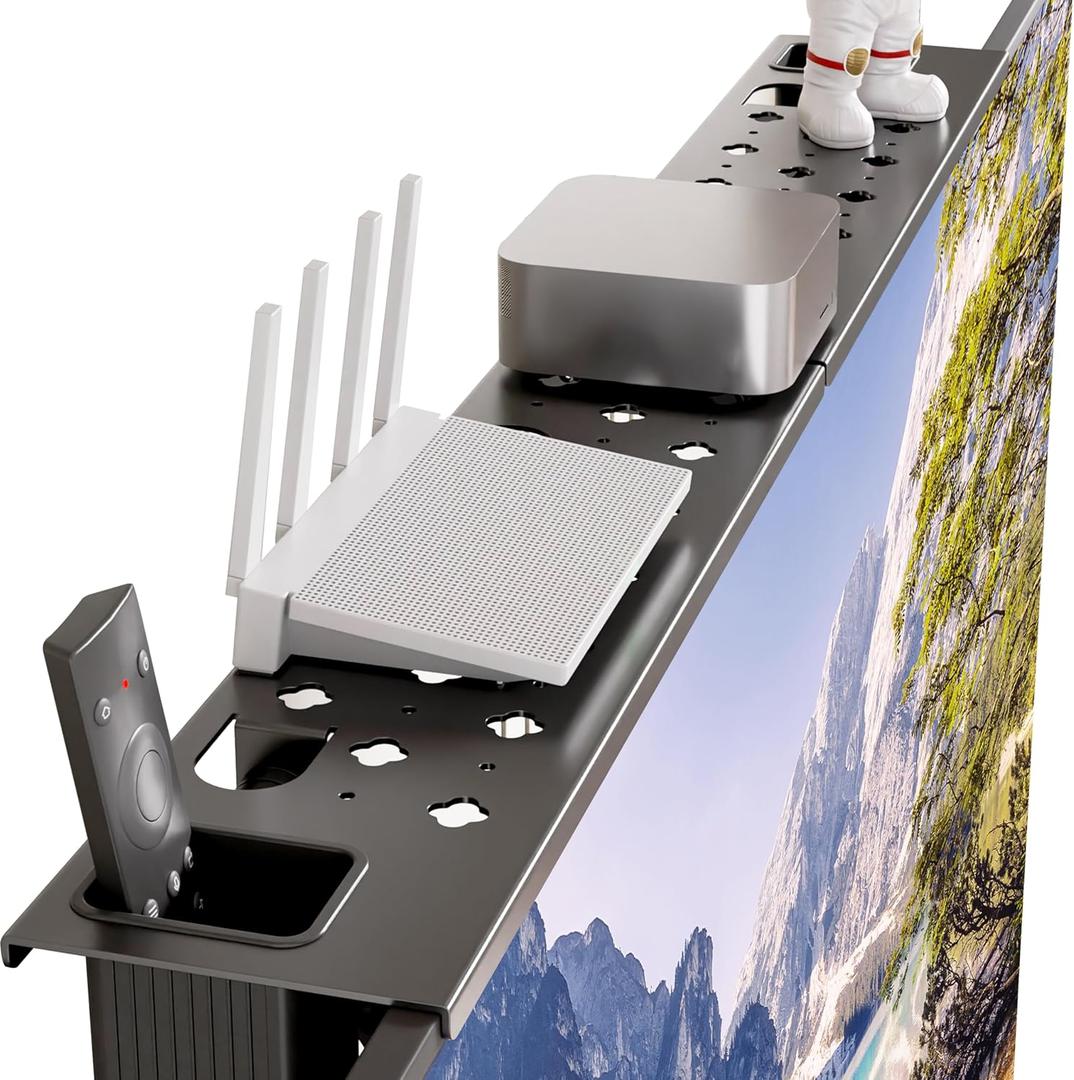 GQIRIL Steel TV Top Shelf  Adjustable Monitor Shelf Floating Stand with 2 Storage Boxes, Computer Screen Mounted Storage Bracket for Soundbar Router Cable Box Game Console Remote (36.65 x 4.33 Inch)