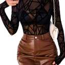 Mesh Top for Women Long Sleeve Mock Neck Mesh Shirt Sheer Top Solid Floral Tee Shirts S-XXL (Black Grid Pattern)