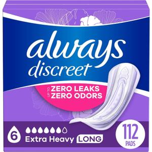 Always Discreet Adult Incontinence Pads for Women, Extra Heavy Absorbency, Long Length, Postpartum Pads, 112 CT