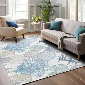 Coastal Beach 5x7 Area Rugs for Living Room, Bedroom, Entryway, Dining & Office - Shell Starfish Coral Washable Non-Slip Low-Pile Floor Mat