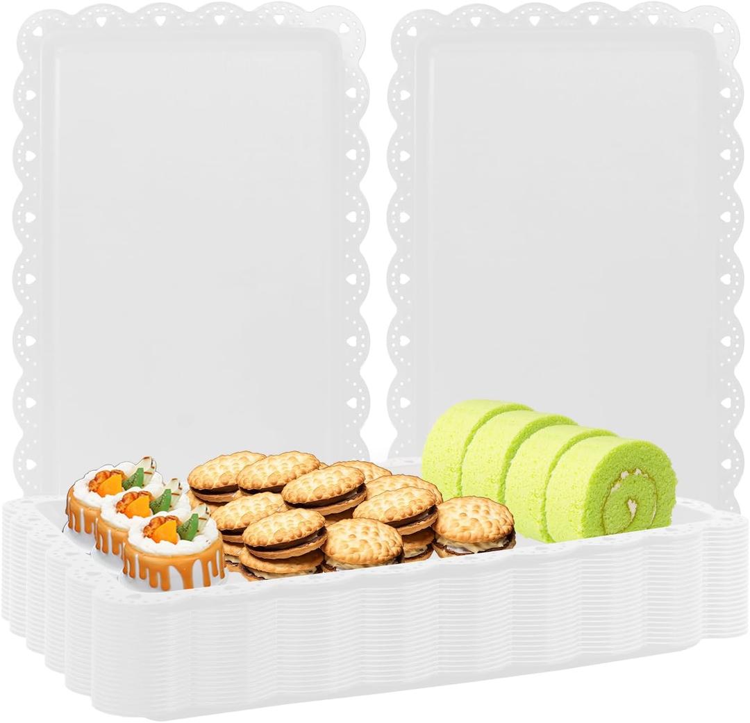 Plastic Serving Trays,24 Pack Rectangle Serving Platters Decorative Serve Tray Dessert Table Tray,15"x10" Rectangle Platters, Decorative Dessert Table Trays, Cake, Cookie Catering Plates(White)