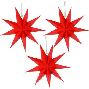 SUNBEAUTY 3 Pcs 9-Pointed Red Paper Star Lanterns 12 Inch Christmas Hanging Lamp Red Paper Decorations Shade Wedding Birthday Christmas Home Party Decorations