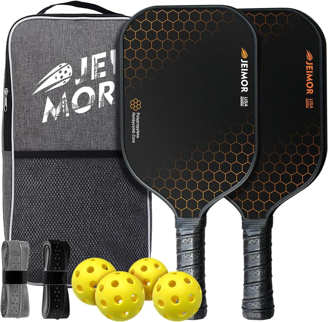 Pickleball Paddles Set of 2, USAPA Fiberglass, 4 Balls & Carry Bag | For beginner to intermediate players, balanced spin & control, suitable for outdoor play, professional pickleball set