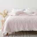 HORIMOTE HOME Pink Ruffled Quilt Queen Size, Stone-Washed Microfiber Lightweight Crinkled Farmhouse Rustic Shabby Chic Bedding Set, 3 Pieces Reversible Bedspread with Pillow Shams for All Season