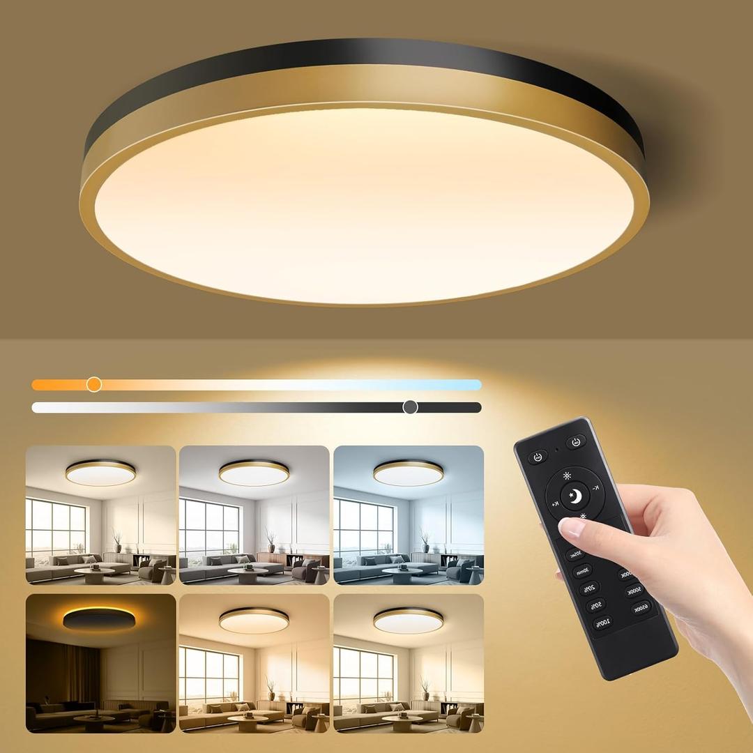 Lightania 15 Inch Flush Mount Ceiling Light with Remote Control & Night Light, 5CCT Dimmable Ceiling Light Fixture, 35W 3500LM 2700K-6500K Adjustable LED Ceiling Lights for Bedroom Kitchen Living Room (Black Gold)