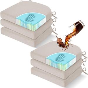 downluxe Chair Cushions for Dining Chairs, Memory Foam Linen Kitchen Chair Pads with Ties, Waterproof, Stain-Resistant and Washable Cover, 17" x 16" x 2.5", 6 Pack