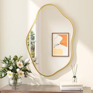 Keonjinn Gold Irregular Mirrors for Wall 24" x 36" Inch, Asymmetrical Metal Frame, Tempered Glass Decorative Mirror for Bathroom, Bedroom, Living Room, Entryway(Horizontal/Vertical)