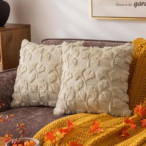 Beige Fall Leaf Throw Pillow Covers 18x18 Inch Set of 2, Soft Faux Fur Ginkgo Patterned Accent Pillow Cases for Couch Sofa Farmhouse Autumn Harvest Holiday Decorations