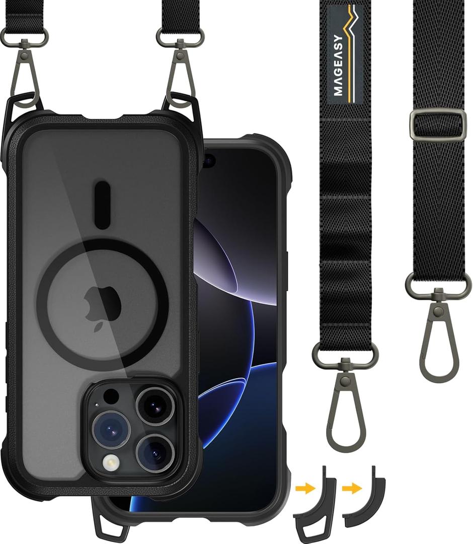 MAGEASY Designed for iPhone 16 Pro Case with Strap - 20ft Drop Protection Compatible with MagSafe, Transformable Protective & Lanyard Case, Vegan Leather Frame | Odyssey Strap M (Leather Black)