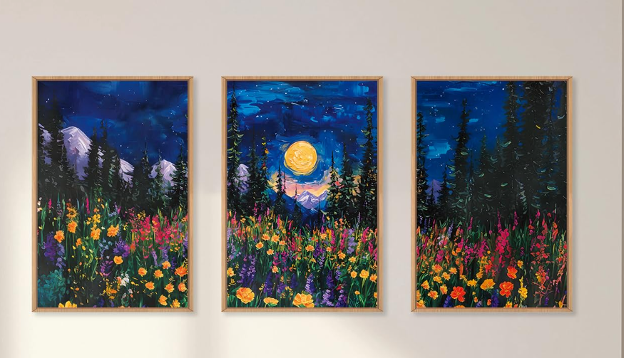 HLNIUC Mystical Midnight Moon Framed Wall Art Set, Abstract Wildflower Mountain Canvas Wall Decor, Forest Nature Wall Painting, Floral Landscape Art Print for Living Room, Bedroom, Office  24"x36"x3