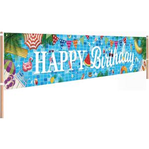 Pool Birthday Party Decorations, Extra Large Size Happy Birthday Pool Party Banner, Pool Party Decorations for Birthday, Pool Party Banner for Pool Party Supplies, 118 x 20 inch