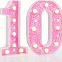 Pooqla 10th Birthday Decoration for Girls, light up Number 10 for Birthday Party, Battery Powered Glitter Lighted Numbers Shiny LED Marquee Numbers table Decor, Pink Number 10 (Warm White)