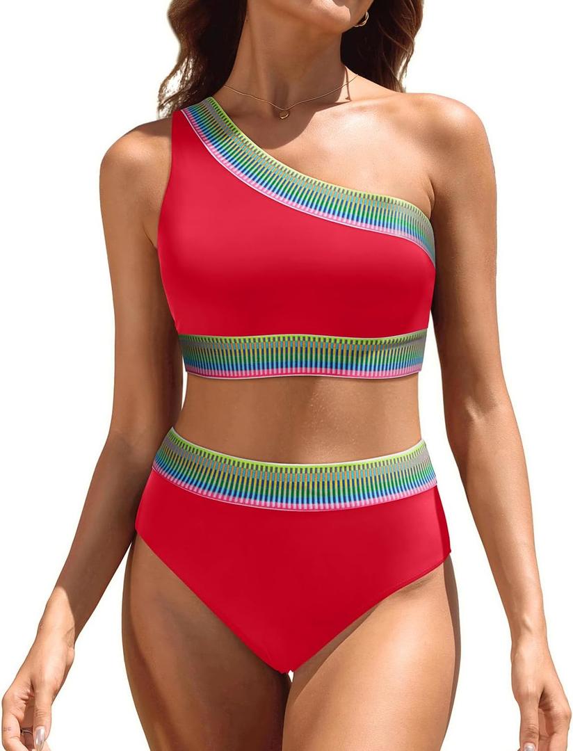 Women High Waisted Bikini Set - One Shoulder Two Piece Swimsuits Color Block Bathing Suits with Swimwear Bottom (Small, Red)