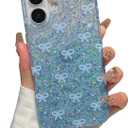 Compatible with iPhone 16 Case, Cute Bow Pattern Gradient Bling Sparkly Aesthetic Transparent Shockproof Slim Durable TPU Phone Case for Women Girls - Blue