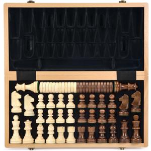 AMEROUS 15 Inches Wooden Chess & Checkers Set with Upgraded Weighted Chess Pieces - 2 Extra Queen -24 Checkers Pieces -Instruction -Chessmen Storage Slots, Classic 2 in 1 Board Games