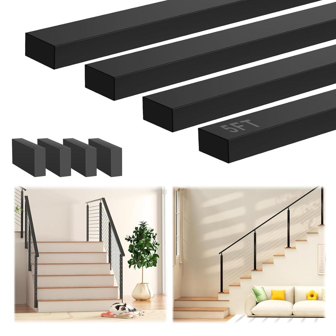 Gyykzz 5FT Black Handrail with POM Connector, 1 Pack Stainless Steel T304 Rectangular Cable Railing Handrail Flat Deck Top Rail with Metal End Caps for Indoor Outdoor Deck Stair Cable Railing System