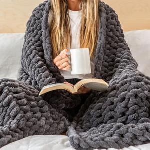 SAMIAH LUXE Chunky Knit Blanket Throw 50x70, Grey Chenille Chunky Knit Throw Blanket for Living Room Decor or Boho Decor, Thick Yarn Knitted Blankets for Couch or Bed, Cable Knitted Crochet Blankets (Graphite)