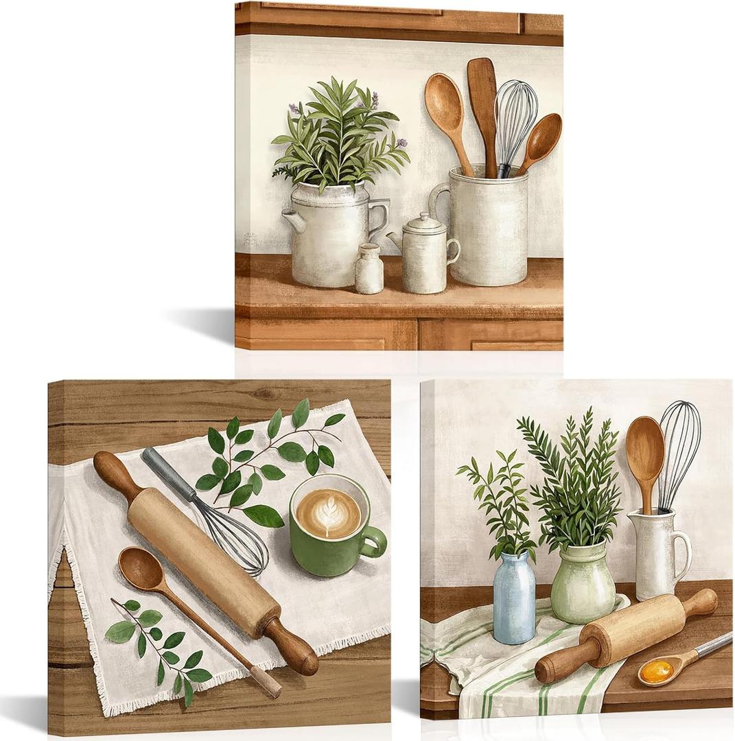 OuElegent Farmhouse Kitchen Wall Art Set, 3 Piece Canvas Prints with Rustic Vintage Kitchenware, Botanical Decor for Home and Dining Room