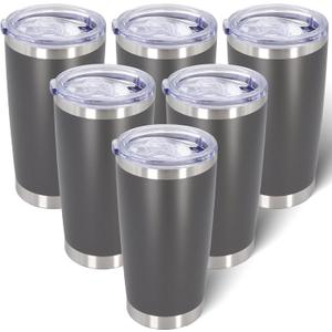 20oz Tumbler Bulk Stainless Steel Tumblers with Lid Vacuum Insulated Double Wall Travel Coffee Mug Powder Coated Tumbler Cup for Hot and Cold Drinks (Grey, Pack of 6) 