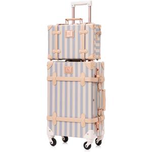 Vintage Carry on Luggage Set, 2 Piece Retro Spinner Trunk Suitcase with Cosmetic Train Case for Women, 20"+12", Blue Strip