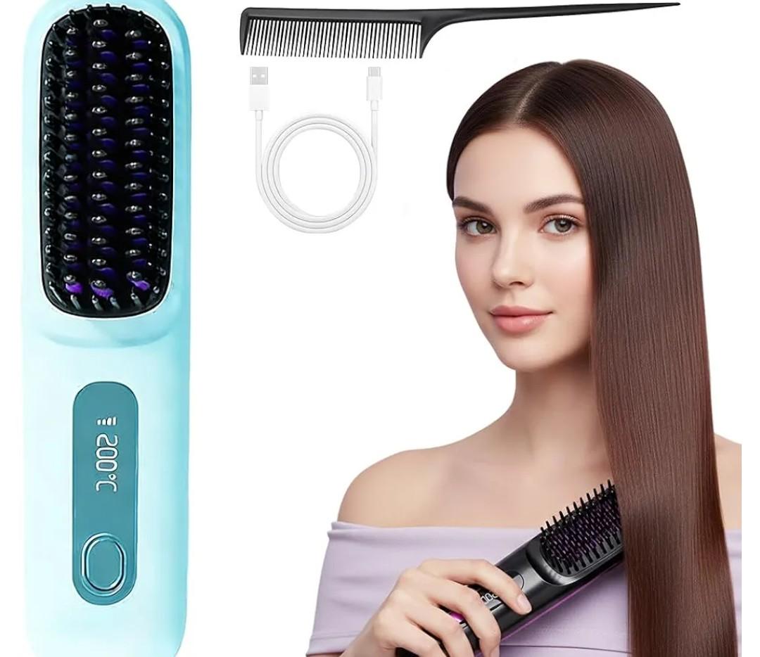 Go Brush Pro for Short Hair - 2026 Mother's Day Upgraded Cordless Straightening Brush with Fast Heat, 3 Temperature Settings, Ionic & Ceramic Care, USB-C Rechargeable for Frizz-Free Styling (Blue)