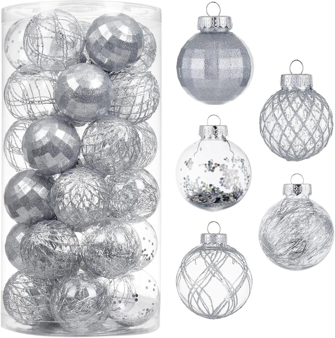 30ct Christmas Ball Ornaments-60mm/2.36" Shatterproof Clear Plastic Xmas Balls Baubles Set with Stuffed Delicate Sparkling, Hanging Christmas Tree Decorations (Silver)