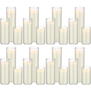 MTLEE Set of 24 White Pillar Candles with Glass Cylinder Vases Thin 2.1'' Wide Flower Glass Vases for Centerpiece Clear Hurricane Candle Holders and Candles Set Home Wedding Church Party, 3 Size