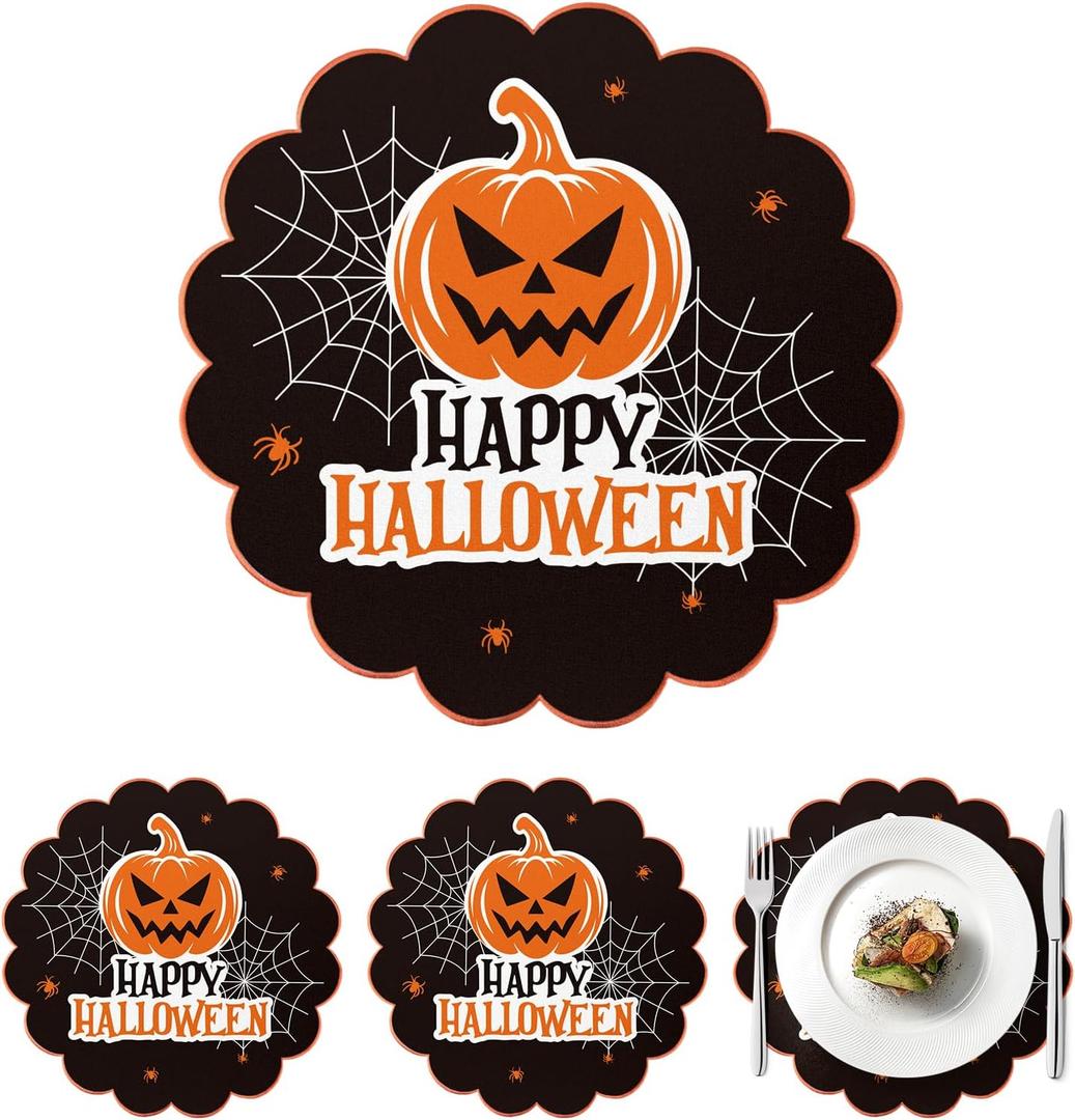 Happy Halloween Placemats Set of 4 Scalloped Pumpkin Cotton Linen Placemats 13.5 Inch Embroidery Halloween Table Mats for Trick or Treat Party Supplies Home Kitchen Dining Table Decorations