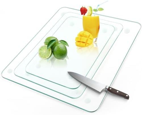Tempered Glass Cutting Board for Kitchen,3 Pack Clear Glass Cutting Board with Rubber Feet, Scratch, Heat, Shatter Resistant and Easy to Clean(8"x12" & 10"x14" & 12"x16")