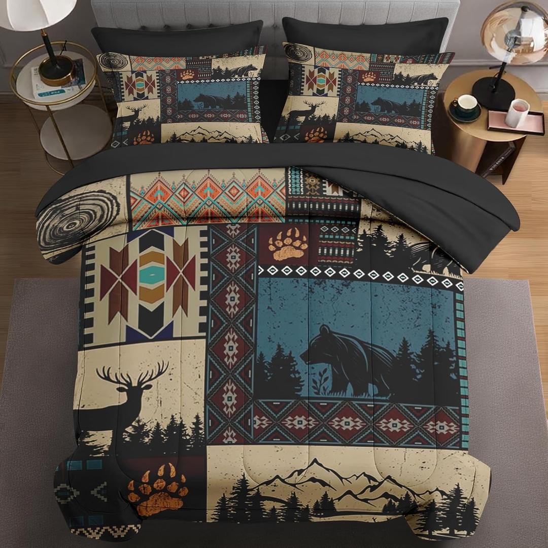 Queen Size Comforter Set with 2 Pillowcases & 2 Shams, Deer Bear Animal Bedding for Kids and Adults, Black White Abstract Bed in a Bag with Flat Fitted Sheet