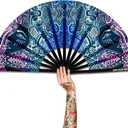 UV Glow Rave Fan, Bamboo Folding Clack Hand Fan for Men Women (Kaleidoscope Girls, Large 13")