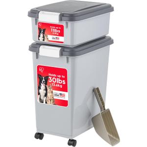 IRIS USA Dog Food Storage Container, 30 lbs & 11 lbs Combo, Cat Food Storage Container, Dog Treat Container, Airtight, Stackable, 2-Cup Scoop, Wheels, Easy Mobility, Gray, 3-Piece Set - 30 lbs + 11 lbs