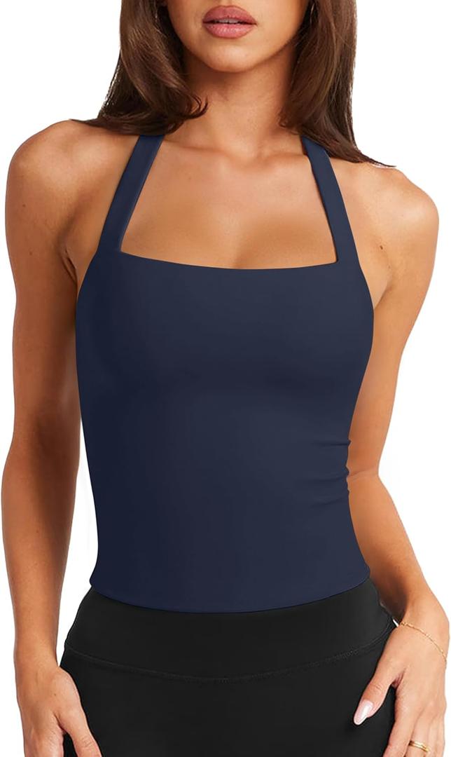 LASLULU Womens Sexy Halter Sports Bra Workout Tops Wirefree Sleeveless Gym Yoga Tank Tops Y2k Casual Crop (Blue, M)