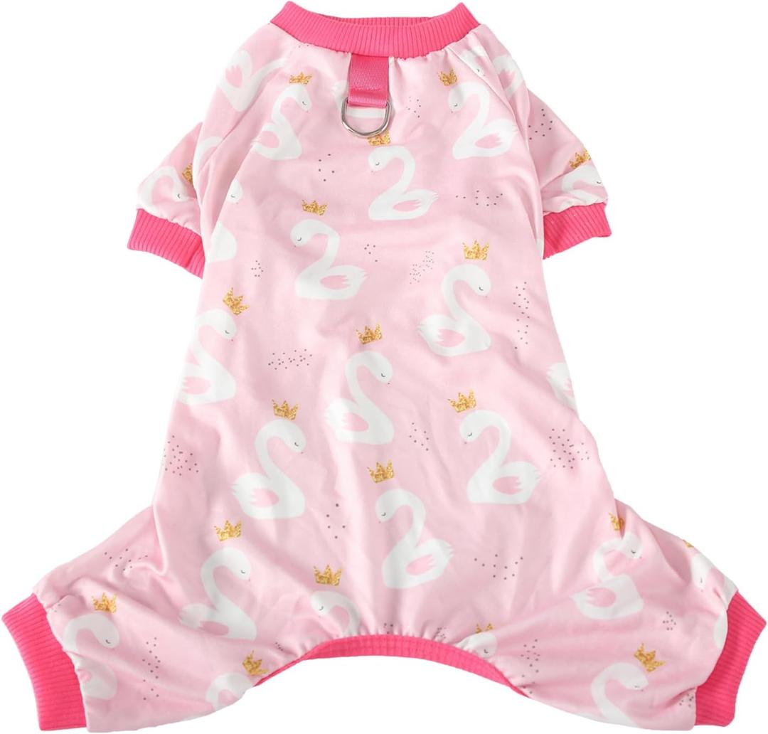 Dog Pajamas, Soft Stretchy Pet Pajamas for Small Medium Dogs - Cute Dog Pajama Onesie with Swan Print, Breathable & Stretchable Dog Pjs for Summer (Pink, L)