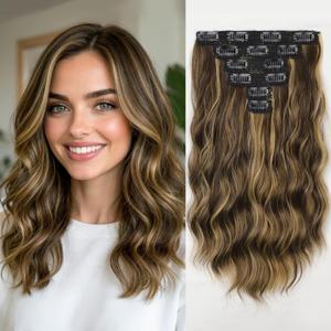 KooKaStyle Short Hair Extensions 6PCS 14 Inch Wavy Curly Hairpieces Synthetic Soft Lace Weft Clip in Hair Extensions-Balayage Chocolate Brown to Caramel Blonde for Women