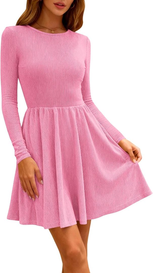 Zenlonr Women's Fall Dresses 2025 Casual Long Sleeve Ribbed Knit Crewneck Short Dress Flowy A-Line Party Dresses (Pink, L)