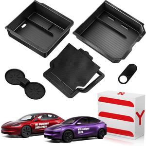 Upgraded Tesla Model Y Juniper Accessories 2026-2025 Center Console Organizer Tray 5PCS for Tesla Model 3 Accessories 2025 Highland, Hidden Storage Box, Cup Holder & Armrest Drawer Organizer (BLACK)