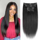 Yaki-Straight Clip in Hair Extensions Real Human Hair Yaki Clip ins For Women Clip on Hair Extensions Real Human Hair Brazilian Virgin Hair Extensions(16 Inch)