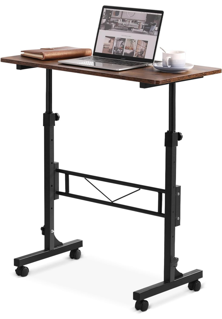 Small Standing Desk Adjustable Height, Mobile Stand Up Desk with Wheels, 32 Inch Portable Rolling Desks for Walking Pad Treadmill Wood Rustic